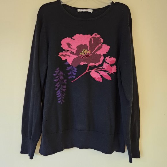 Allison Daley Sweaters - Allison Daley Petite Black LS Sweater, Stitched Rose Flower on Front Small*